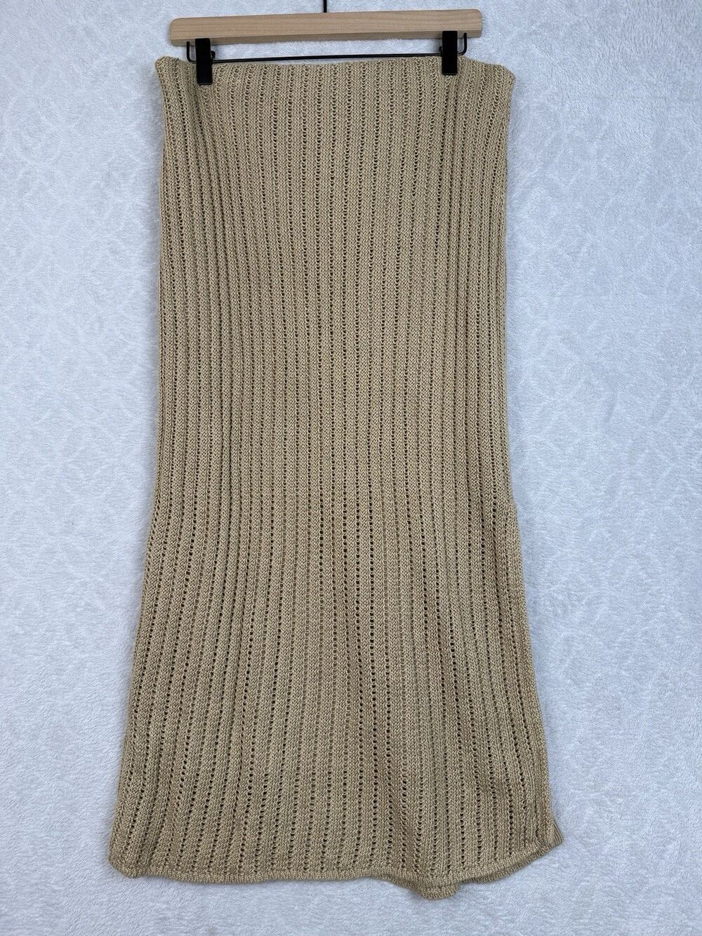 Ralph Lauren Gerhinda Mid Pencil Skirt Womens L Tan 100% Linen Crochet Knit Boho
